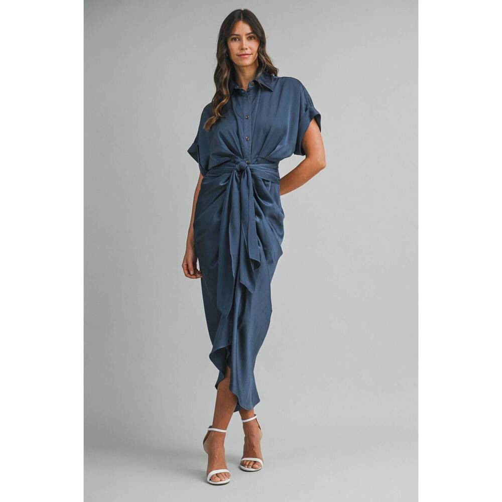 NEW MABLE satin short sleeve midi dress in blue